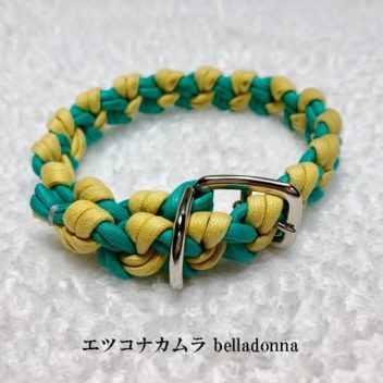 エメラルドグリーン＆黄色の綿ロープマクラメ編み