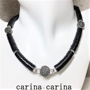 ジェット・珊瑚・水晶・クリスタルガラスネックレスNo12