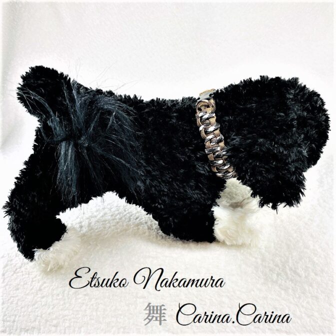 [公式]マクラメ編みNo44　茶＆白黒まだらの平結びアレンジ小型犬首輪