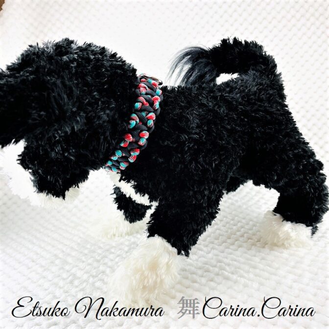 [公式]パラコードマクラメ編みNo65 ターコイズブルー＆レッドとネイビーの犬首輪