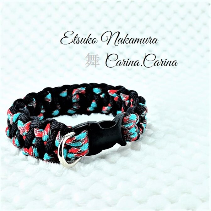 [公式]パラコードマクラメ編みNo65 ターコイズブルー＆レッドとネイビーの犬首輪