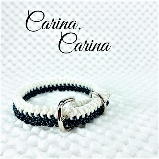 [公式]パラコードマクラメ編みNo74 白とまだら紺色の犬首輪