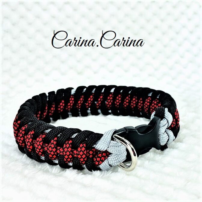 [公式]パラコード＃59No84マクラメ編みグレー黒赤まだら色大、中型犬用首輪