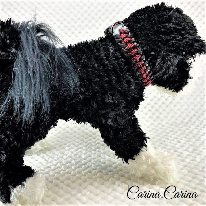 [公式]パラコード＃59No84マクラメ編みグレー黒赤まだら色大、中型犬用首輪