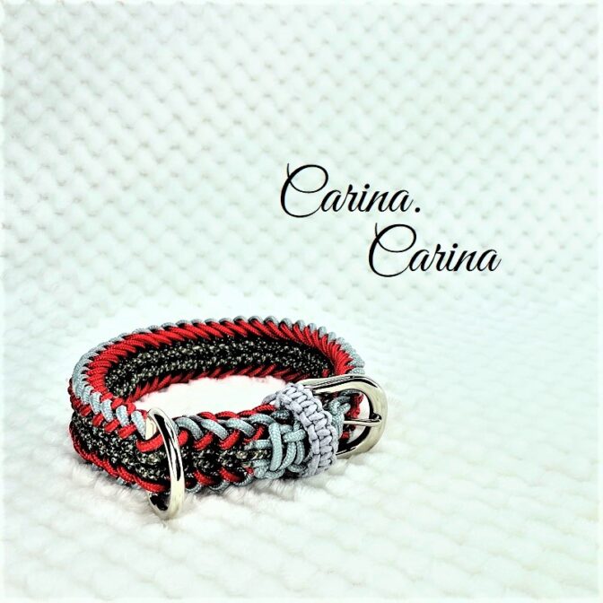 [公式]パラコード＃71No96マクラメ編みグレーと赤とまだらの犬用首輪