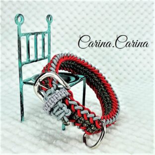 [公式]パラコード＃71No96マクラメ編みグレーと赤とまだらの犬用首輪