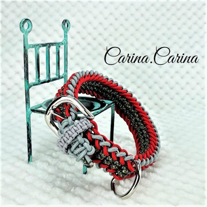 [公式]パラコード＃71No96マクラメ編みグレーと赤とまだらの犬用首輪