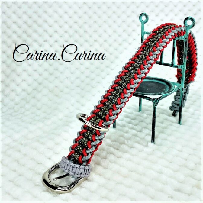 [公式]パラコード＃71No96マクラメ編みグレーと赤とまだらの犬用首輪