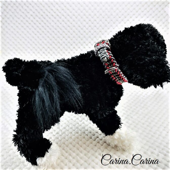 [公式]パラコード＃71No96マクラメ編みグレーと赤とまだらの犬用首輪