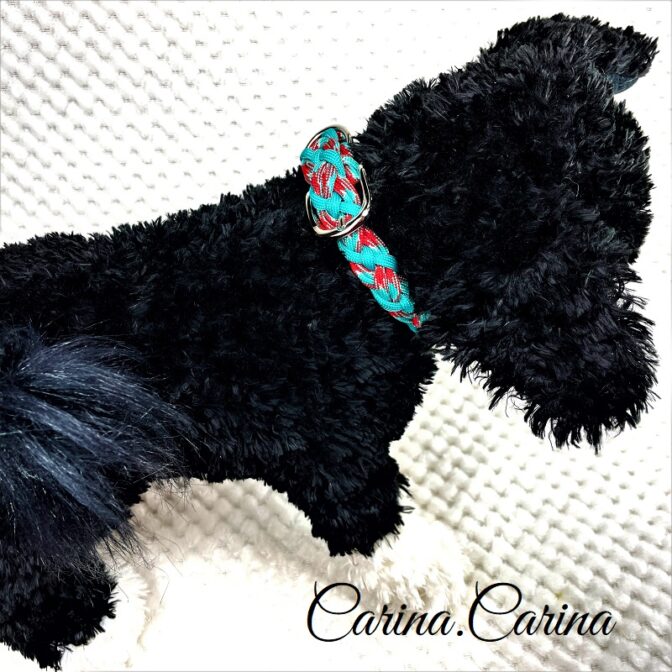 [公式]パラコードNo106マクラメ編みターコイズ/レッドとオーキッドブルーの大、中型犬用首輪