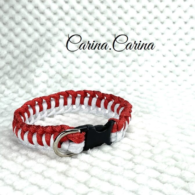[公式]パラコード#77No102マクラメ編みルビーレッドと白の大、中型犬用首輪