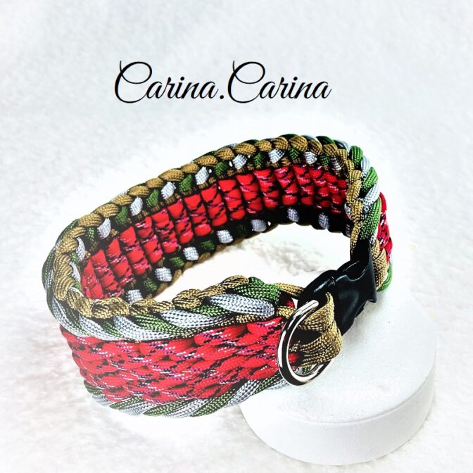 公式]パラコード#93No119マクラメ編みグレー緑赤の大、中型犬用首輪