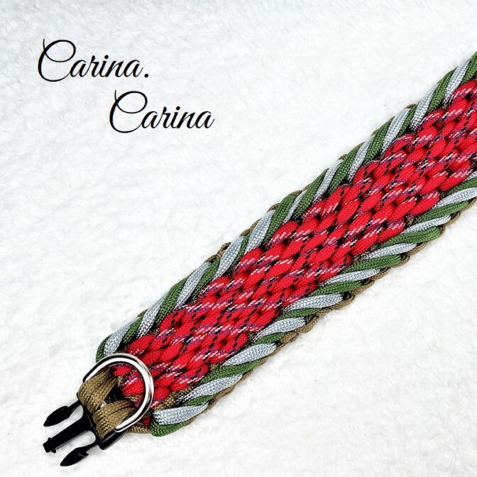 「公式]パラコード#93No119マクラメ編みグレー緑赤の大、中型犬用首輪