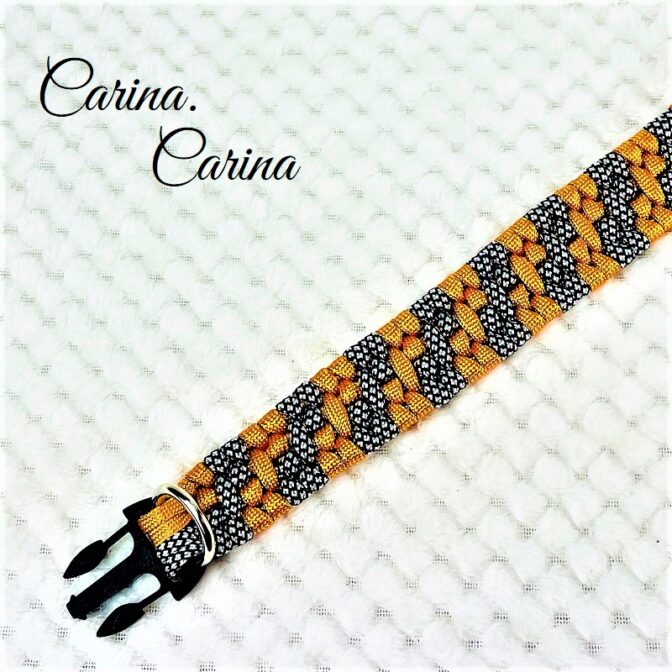 「公式]パラコード#97No126マクラメ編みオレンジと白黒まだらの大、中型犬用首輪