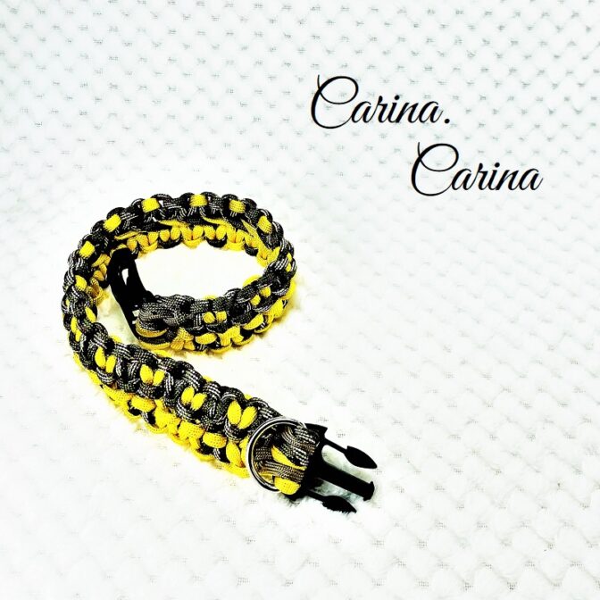 「公式]パラコード#98No127マクラメ編みイエローと茶まだらの大、中型犬用首輪