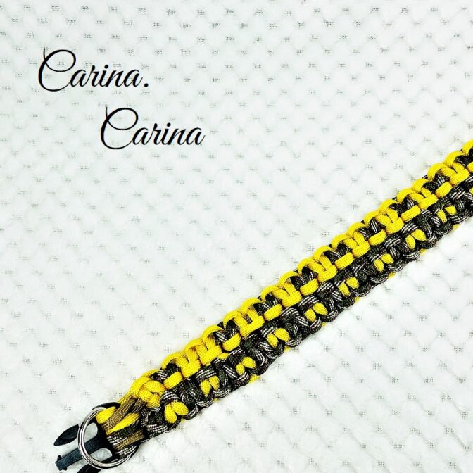 「公式]パラコード#98No127マクラメ編みイエローと茶まだらの大、中型犬用首輪