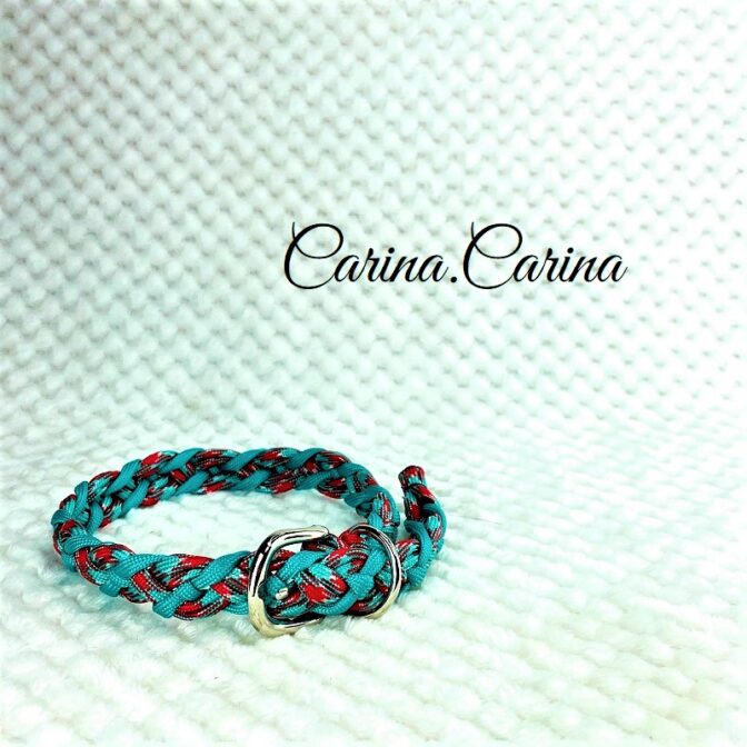 [公式]パラコードNo106マクラメ編みターコイズ/レッドとオーキッドブルーの大、中型犬用首輪