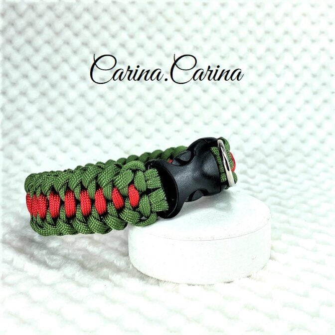 [キット]パラコード＃61No86マクラメ編みグリーンとルビー色中、小型犬用首輪