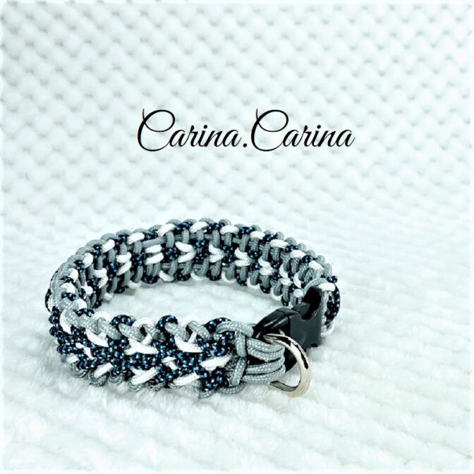 [キット]パラコード＃66No91マクラメ編み白とまだらとグレーの犬用首輪