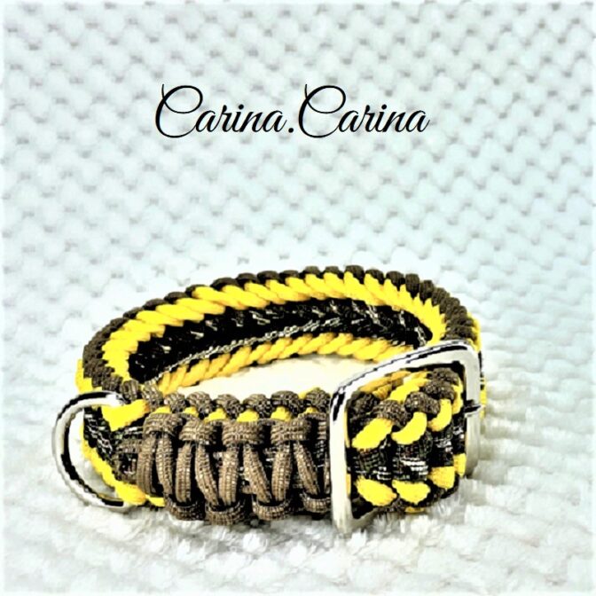 [キット]パラコード＃70No95マクラメ編み茶イエロー茶まだらの大、中型犬用首輪