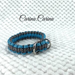 [キット]パラコード＃72No97マクラメ編みブルーと白黒まだらの犬首輪