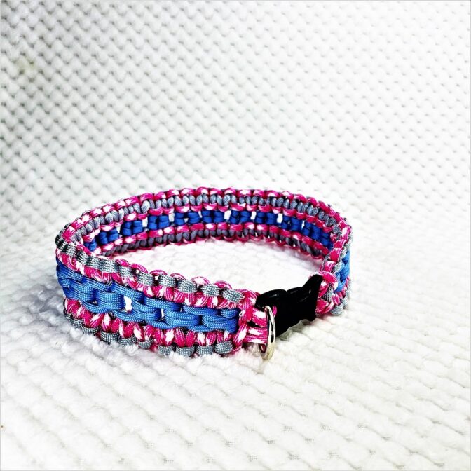 [公式]パラコードマクラメ編み＃138No168ピンクまだらグレーライトブルー大型犬用首輪