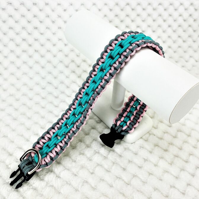 [公式]パラコードマクラメ編み＃139No169ピンクグレーエメラルドグリーン小型犬用首輪