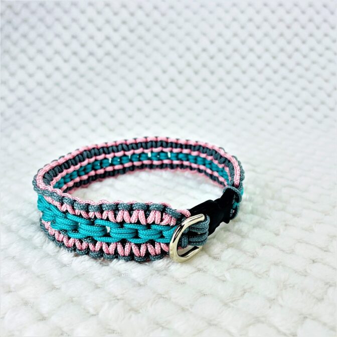 [公式]パラコードマクラメ編み＃139No169ピンクグレーエメラルドグリーン小型犬用首輪