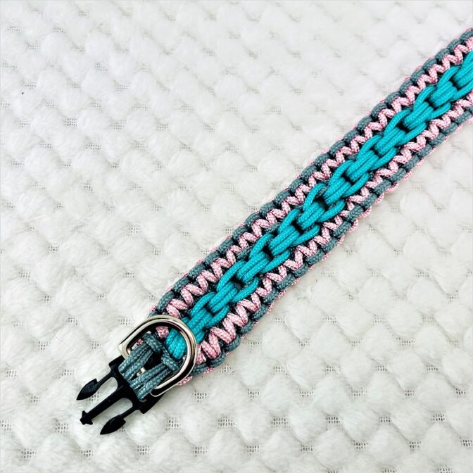 [公式]パラコードマクラメ編み＃139No169ピンクグレーエメラルドグリーン小型犬用首輪