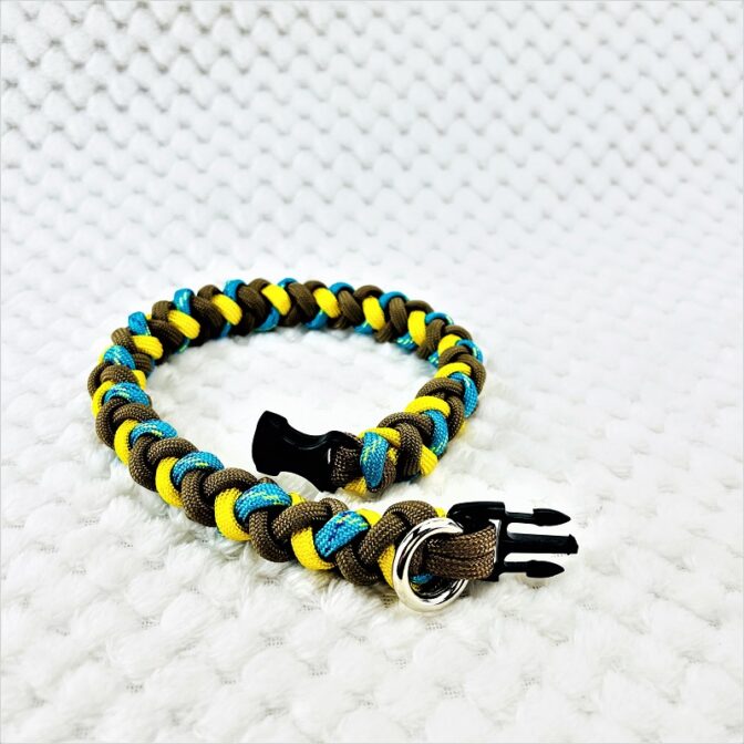 [公式]パラコードマクラメ編み＃140No170イエロー茶ブルーまだら猫・小型犬用首輪