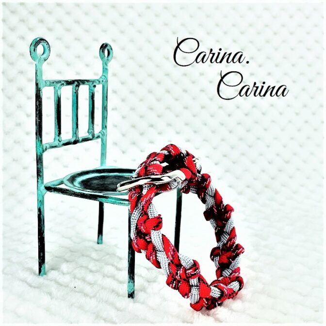 [キット]パラコードマクラメ編み#88レッド・シルバーグレーの中、小型犬用首輪No114