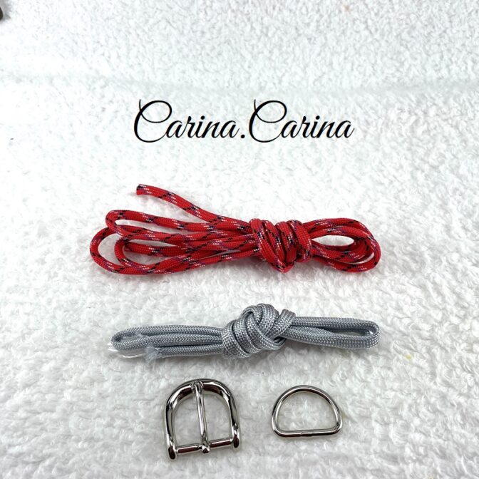 [キット]パラコードマクラメ編み#88レッド・シルバーグレーの中、小型犬用首輪No114