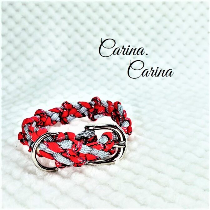 [キット]パラコードマクラメ編み#88レッド・シルバーグレーの中、小型犬用首輪No114