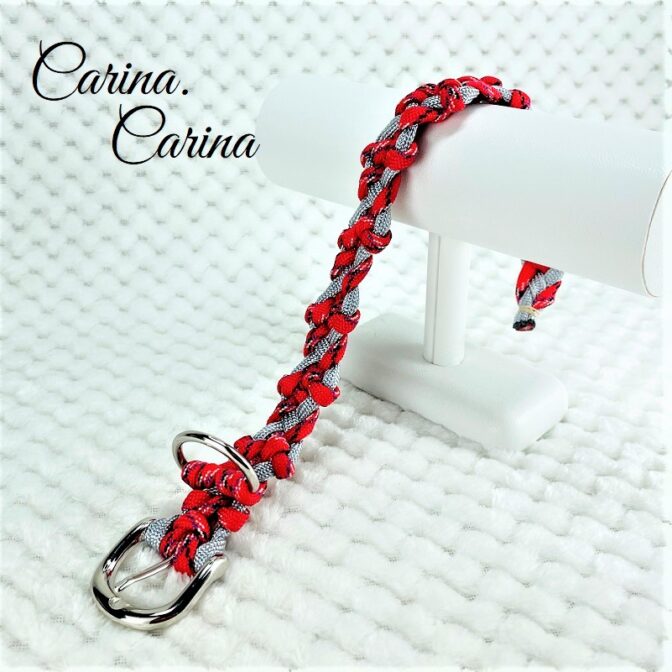 [キット]パラコードマクラメ編み#88レッド・シルバーグレーの中、小型犬用首輪No114