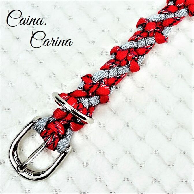 [キット]パラコードマクラメ編み#88レッド・シルバーグレーの中、小型犬用首輪No114