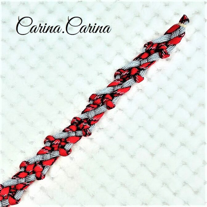 [キット]パラコードマクラメ編み#88レッド・シルバーグレーの中、小型犬用首輪No114