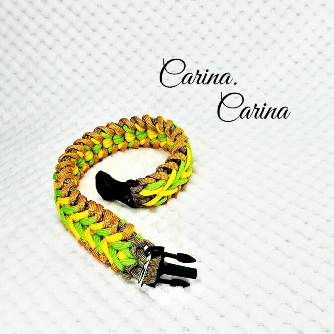 「キット]パラコード#100No129マクラメ編みオレンジ・イエロー・グリーンの大、中型犬用首輪