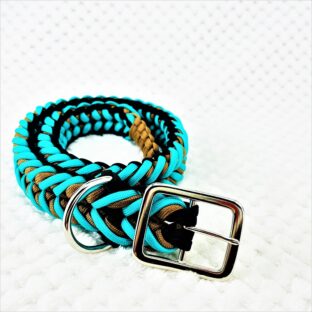 [公式]パラコード編み＃147 ターコイズブルー・茶・黒の大、中型犬用首輪No177