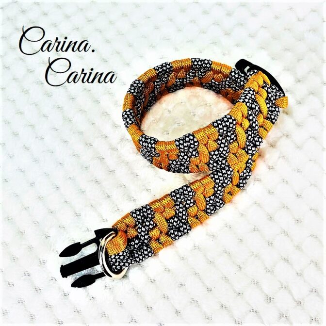 「キット]パラコード#97マクラメ編みオレンジ・白黒まだらの中型・大型犬用首輪No126