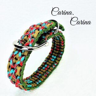 [キット]パラコード#106No136マクラメ編み茶と赤まだらとグリーンの大、中型犬用首輪