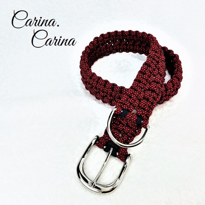 「キット]パラコード#109No139マクラメ編み赤と黒のダイヤ柄とネイビーの大、中型犬用首輪