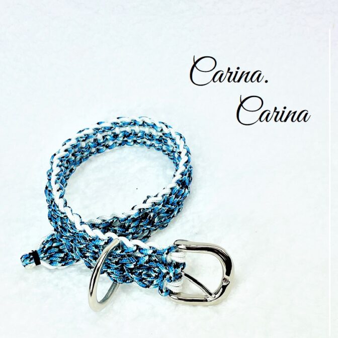 [キット]パラコード#111マクラメ編み白とブルーまだら色の小型犬用首輪No141