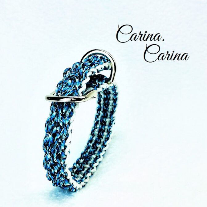 [キット]パラコード#111マクラメ編み白とブルーまだら色の小型犬用首輪No141