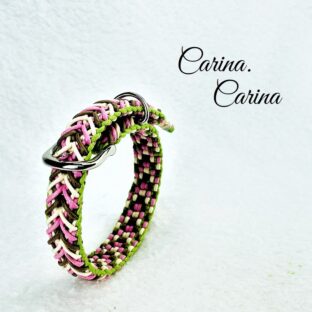 [キット]綿ロープ#116マクラメ編みピンク茶アイボリー緑の小型犬用首輪No146