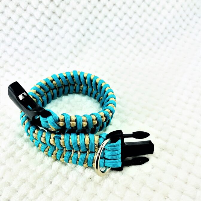 [公式]パラコード#168マクラメ編み ゴールドとオーキッドブルーの小型、中型犬用首輪No198