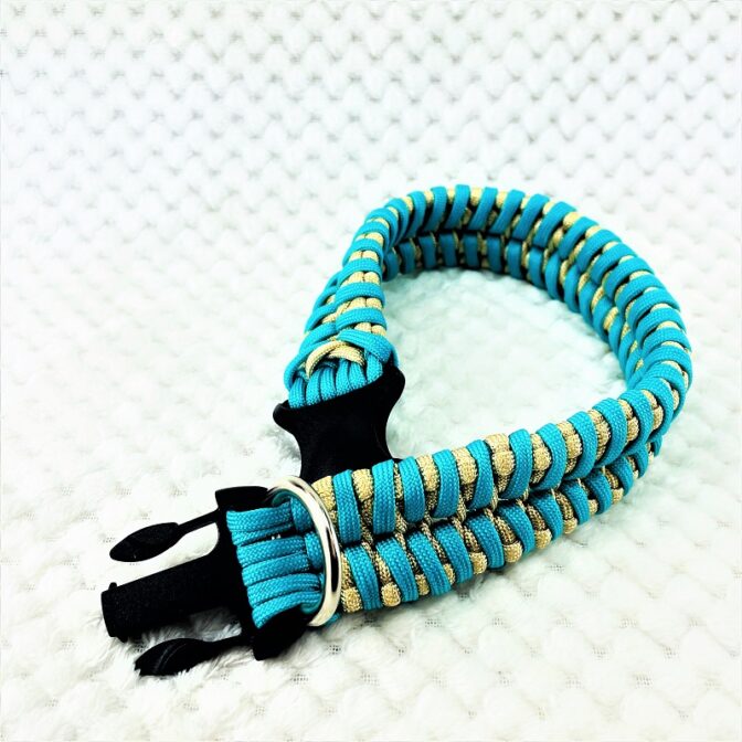 [公式]パラコード#168マクラメ編み ゴールドとオーキッドブルーの小型、中型犬用首輪No198