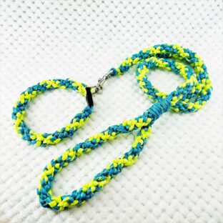 [公式]#120No206マクラメ編みライトグリーンとブルーの小型犬首輪＆リードセット