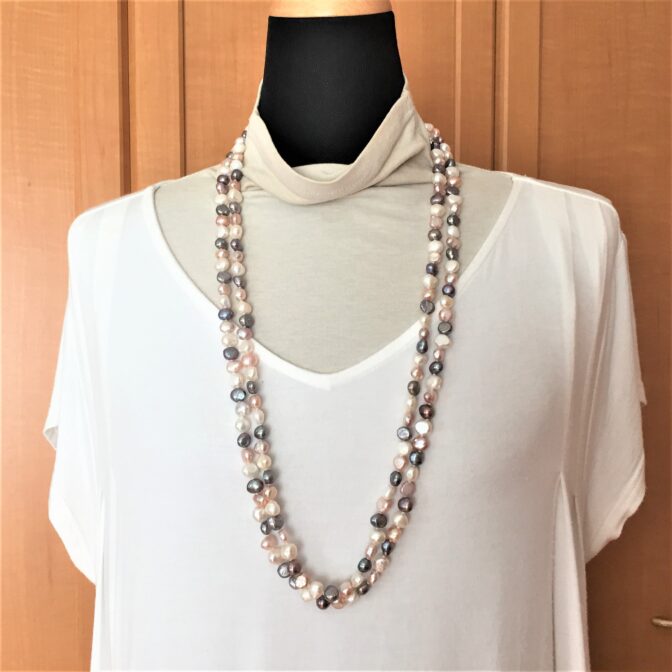 淡水パールロングネックレス3色の白・ピンク・グレー