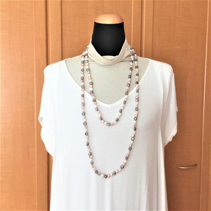 淡水パールロングネックレス3色の白・ピンク・グレー