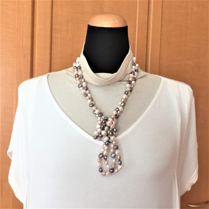 淡水パールロングネックレス3色の白・ピンク・グレー